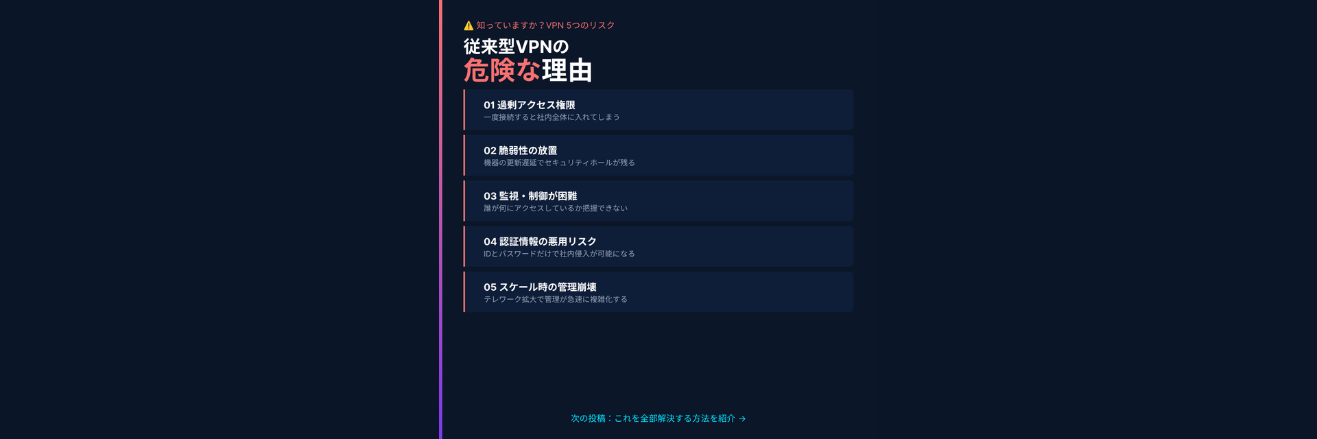 従来型VPNの危険な理由｜過剰アクセス権限・脆弱性・監視困難